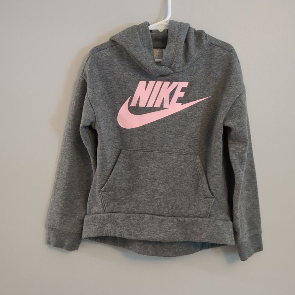 Nike Girls Gray Grey Pink Cotton Blend Spellout Pullover Hoodie - Size 6 Medium